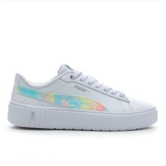 PUMA White Smash Platform V2 Sneakers With Holographic Rainbow Tye Dye Stripe - Picture 1 of 12